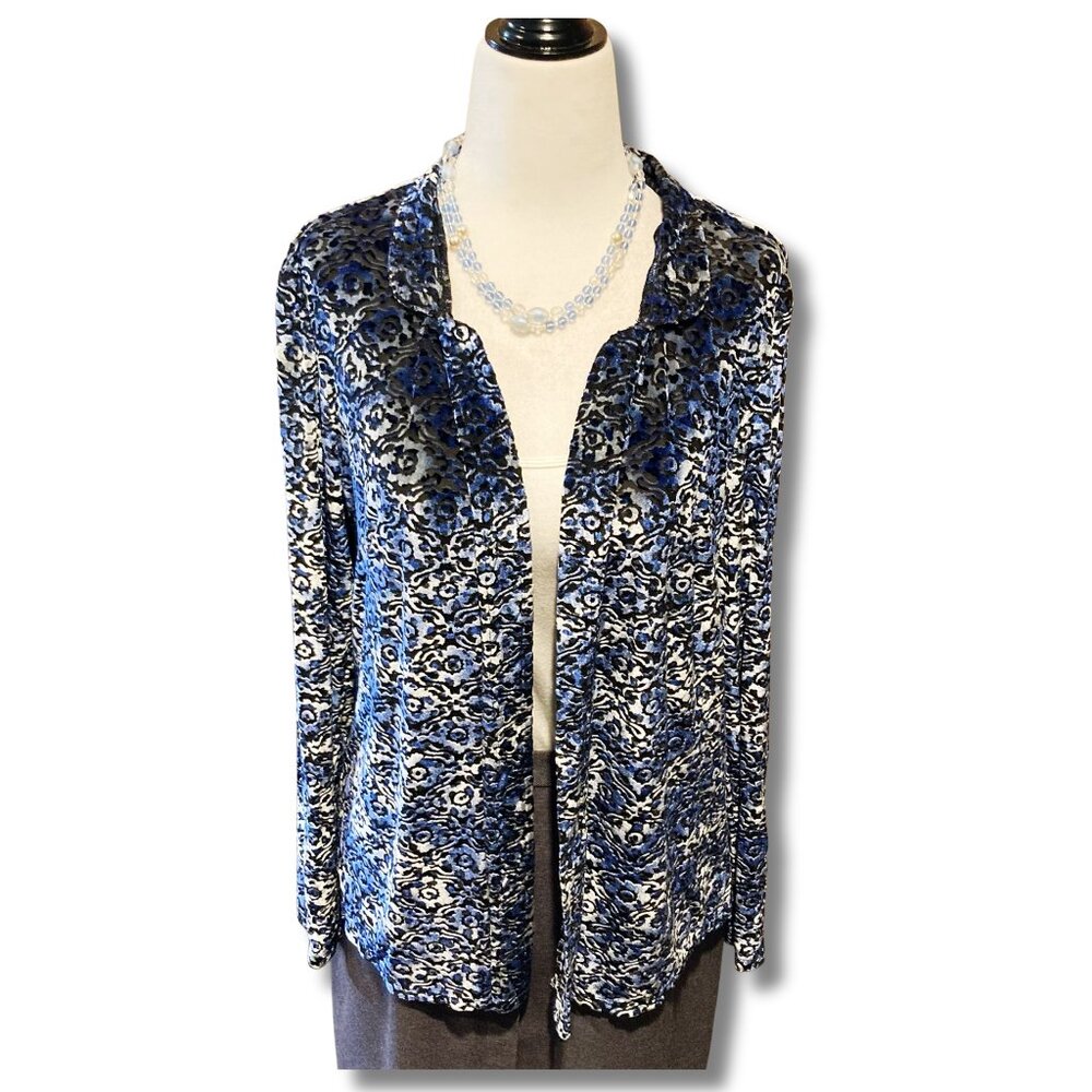 TANJAY Blue black abstract animal print burnout velvet cardigan SMALL MEDIUM